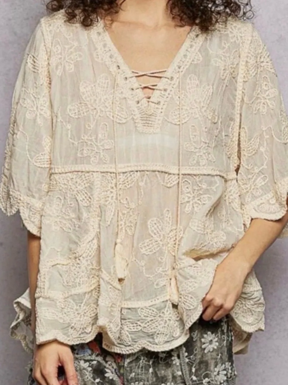 151. POL 🛑COST Crochet embroidered top sheer natural tan cream